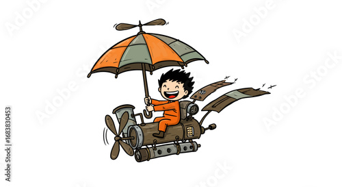 Adventurous boy in orange jumpsuit flying with propeller umbrella machine