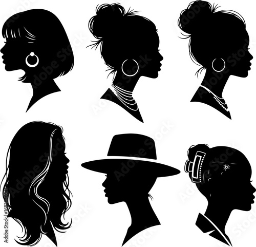 Stylish Female Silhouette Set with Headwraps, Jewelry and Accessories  Fashion Profile Vector
