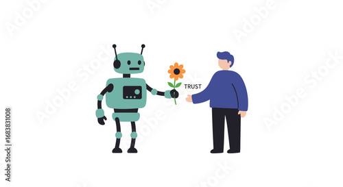 Friendly robot offering a flower to a human in a gesture of trust