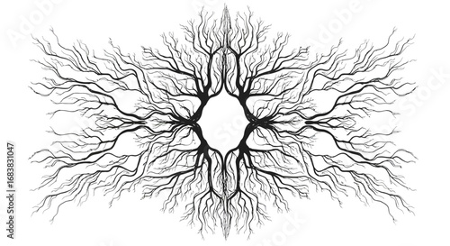 Intricate symmetrical tree branch pattern in black and white design
