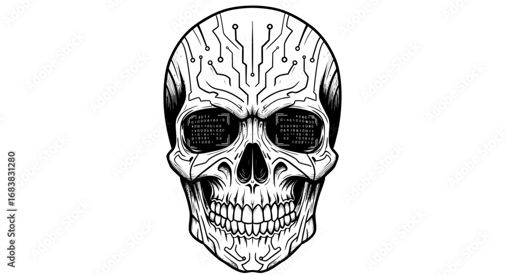 Obraz premium Futuristic circuit skull with digital eye details