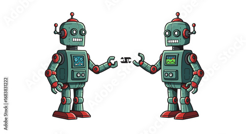 Retro futuristic robots engaged in drone handover with cartoon style
