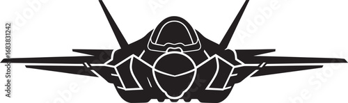 Symmetrical black silhouette of a modern stealth fighter jet in a direct headon view