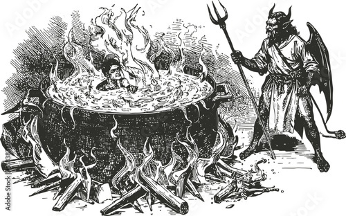 Vintage engraving of a hell scene: devil with trident watches a sinner man boiling in a cauldron. Detailed cross hatching, dramatic expression.