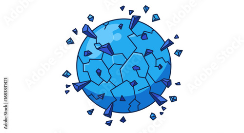 Exploding blue sphere with shattered fragments in cartoon style