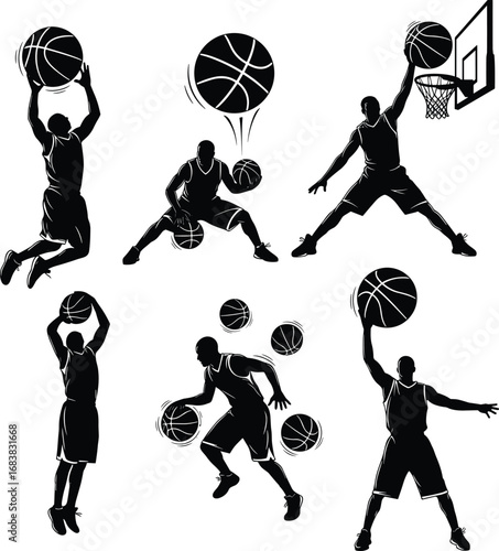 Vector silhouettes of basketball players performing slam dunks, dribbling, jump shots, and ball control with basketball hoops and dynamic effects.