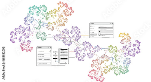 Colorful fractal network with interface elements in modern data visualization…