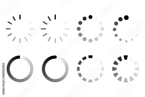 Collection of circular loading indicators and progress spinners in black and white