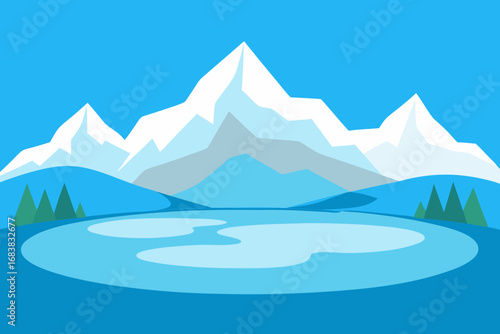 A majestic cartoon scene of a frozen mountain lake vector illustration