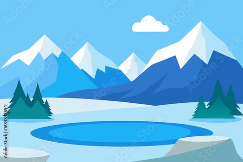 A cartoon illustration of a frozen mountain lake vector illustration