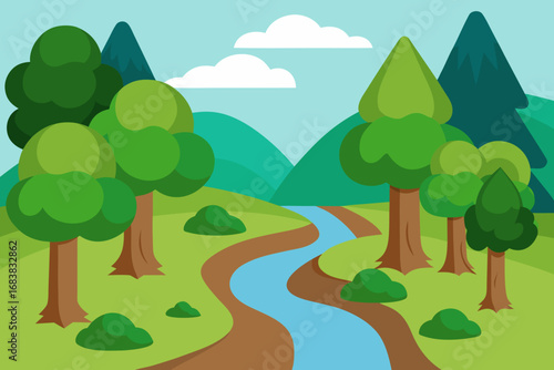 A cartoon illustration of a forest river bend with rocks vector illustration