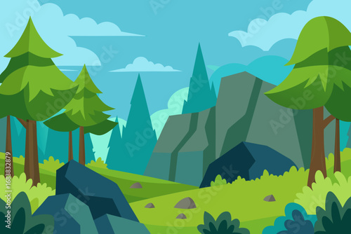A simple cartoon of a forest with rocky outcrops vector illustration