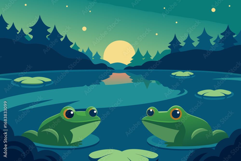 Naklejka premium A lively cartoon scene of frogs in a pond vector illustration