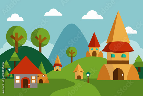 A cartoon illustration of a gnome village vector illustration