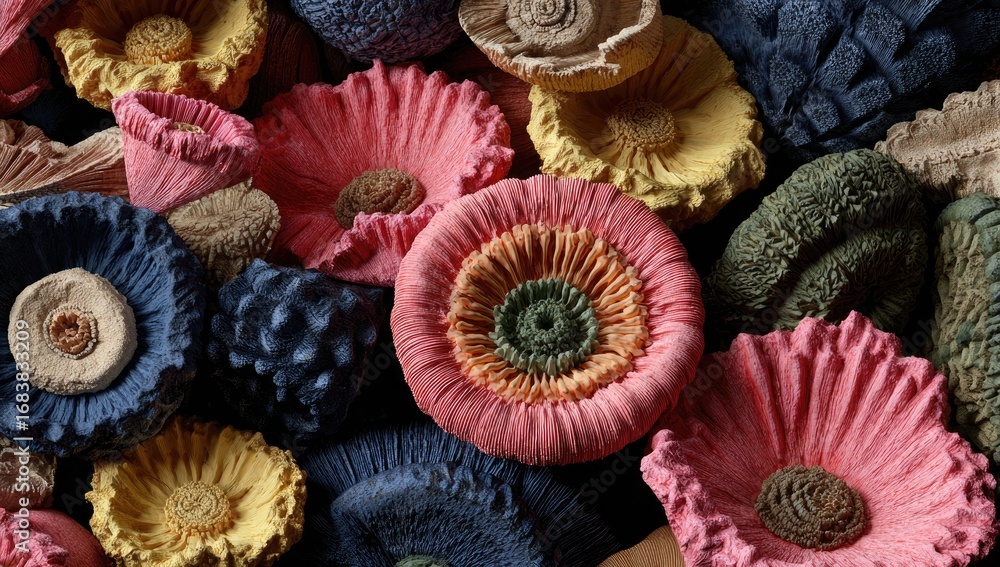 Naklejka premium A vibrant arrangement of textured flowers in a variety of rich colors.