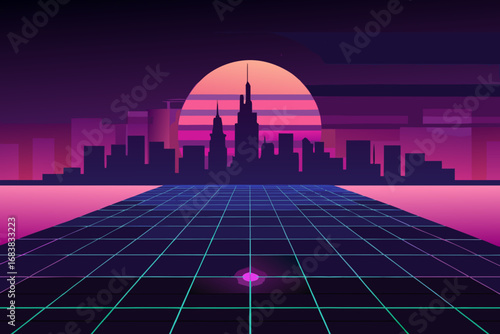 A simple cartoon illustration of a futuristic neon cityscape vector illustration