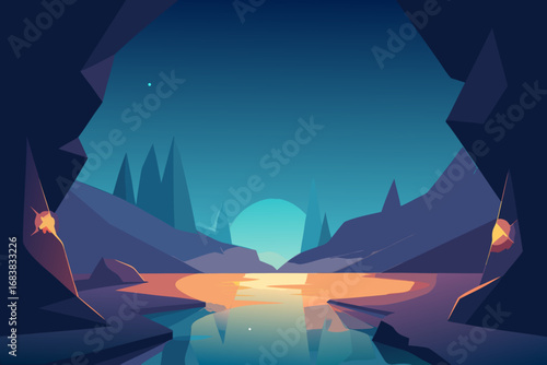 A simple cartoon illustration of a glowing underwater cave vector illustration