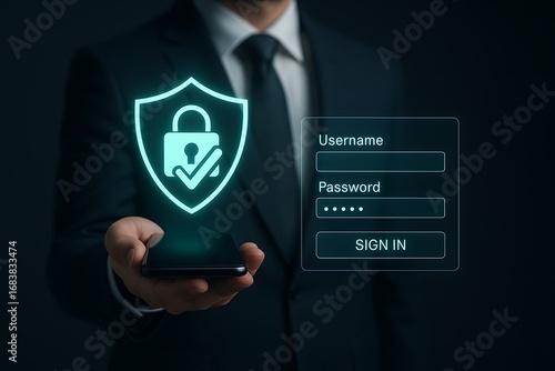 Businessman holding smartphone with security login interface digital lock authentication system password protection shield user access identity verification sign in technology 