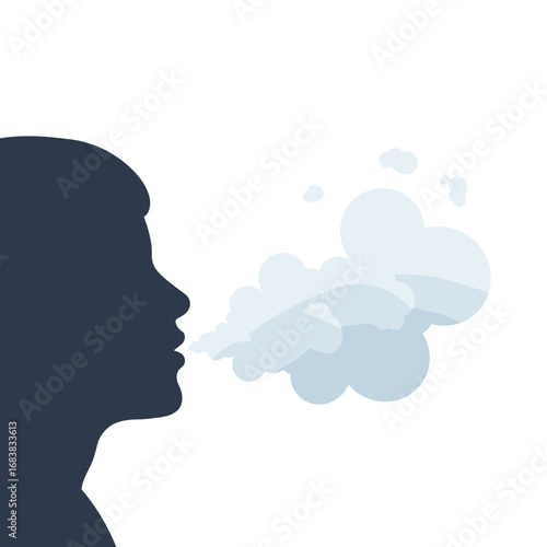 Frozen breath in the air. Silhouette of a person exhaling steam in the cold