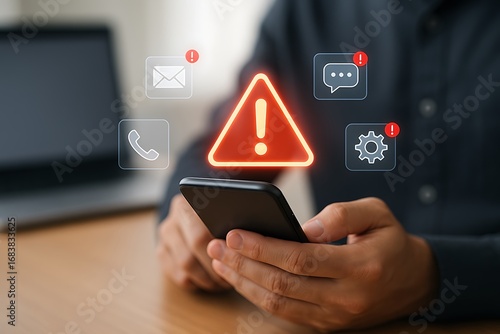 Person holding smartphone with red warning error alert notification security problem technology communication data risk cyber attack system malfunction failure protection safety vulnerability 