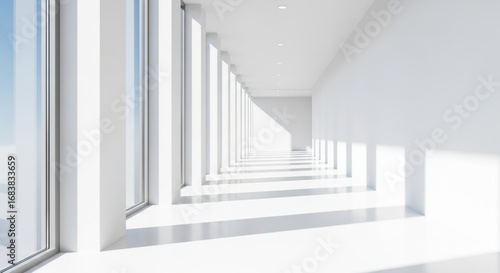 Long white modern corridor with large windows and sunlight casting shadows. Empty interior space for future design and architecture.