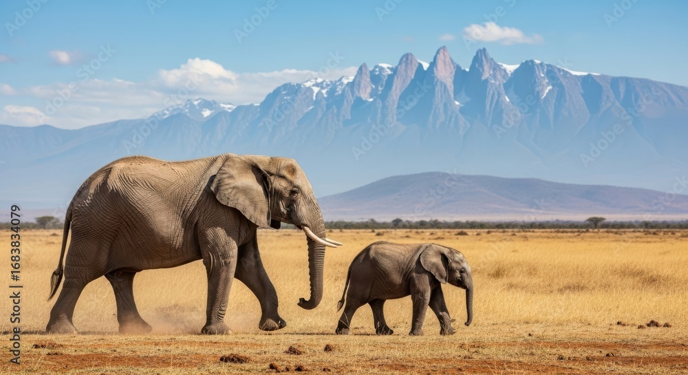 Fototapeta premium Majestic Elephants Traverse African Savannah Under Snow-Capped Mountains
