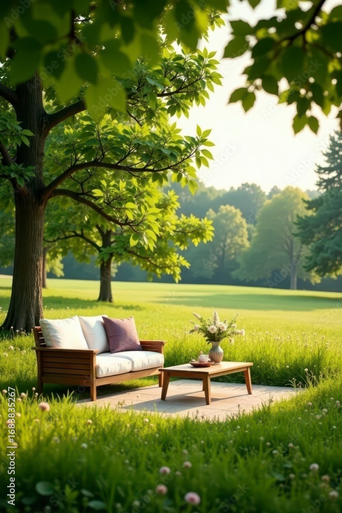 Fototapeta premium Tranquil Outdoor Patio Scene with Wooden Sofa and Coffee Table, Serene Meadow Backdrop, Lush Greenery and Sunlight