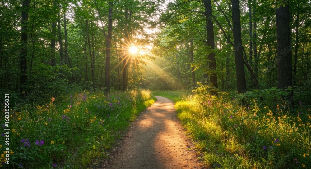 Fototapeta premium Sunlit Forest Path with Wildflowers