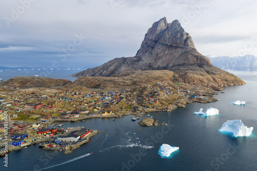 Bird's-eye view. Greenland, Uummannaq town on Uummannaq island, in sunny day