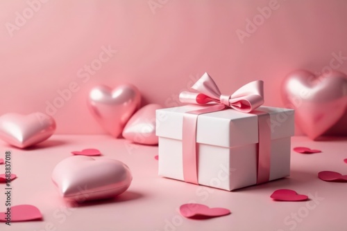 A pink gift box with a delicate ribbon sits amongst scattered hearts, a symbol of affection and thoughtful giving