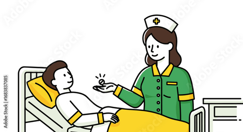 Caring nurse gives patient medication in hospital bed with yellow blanket