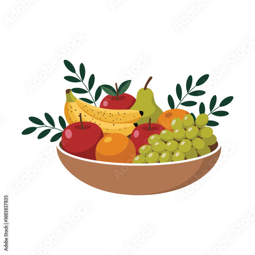Bowl Overflowing with Fresh Fruits and Green Leaves fruit bowl assorted fruits