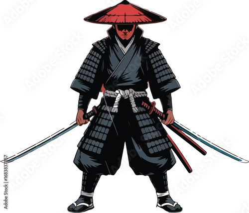 This image depicts a samurai warrior holding two katanas.