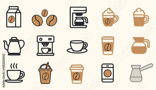 Minimalist Coffee Icons – Espresso, Drip Brew, Takeaway Cups, Beans, Milk, Whipped Cream, Pod Machine, Turkish Pot, Café Tools, Beverage Styles, Black & Brown Line Style for Branding & UI