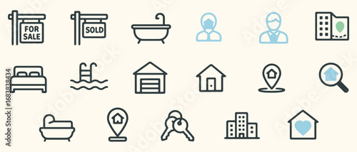 Minimalist Real Estate Icons – Property, Home, Agent, Location, Amenities, Sale, Sold, Keys, Map, Search, Bathtub, Bed, Pool, Garage, Heart Home, Black Line Style for UI & Marketing