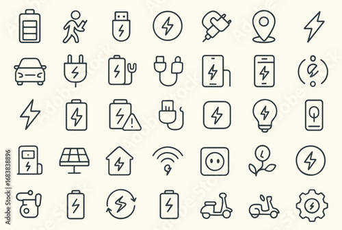 Minimalist Electricity & Energy Line Icons – 36 Black & White Symbols for Power, Battery, Charging, Renewable Energy, Smart Devices, Electric Vehicles, Sustainability, and Green Technology