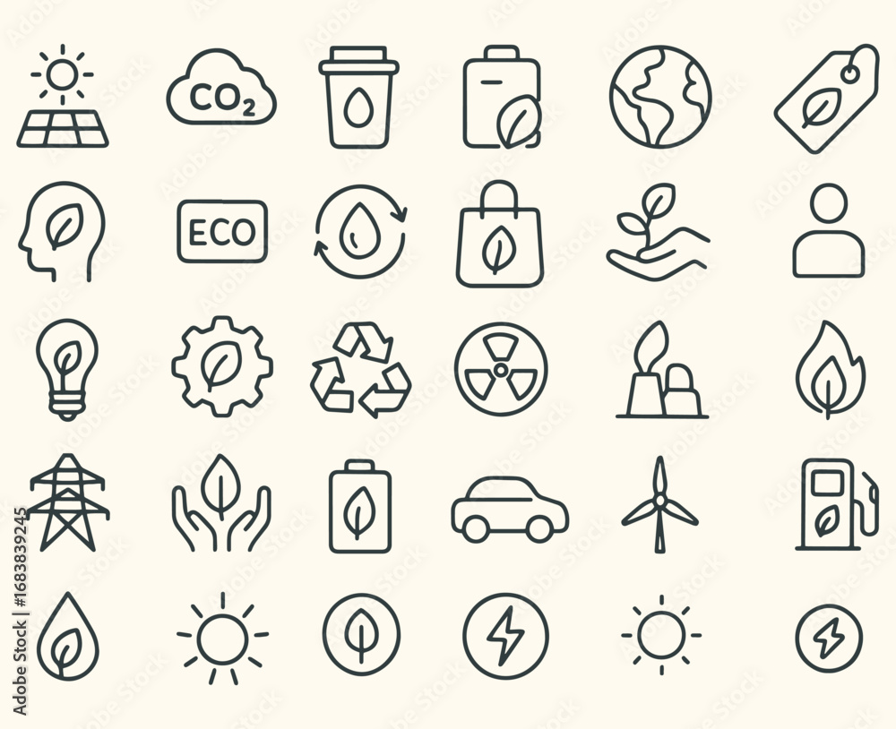 Fototapeta premium Minimalist Sustainability & Eco Energy Line Icons – 30 Black & White Symbols for Renewable Resources, Green Technology, Environmental Conservation, Clean Power, Climate Action, and Eco-Friendly Living