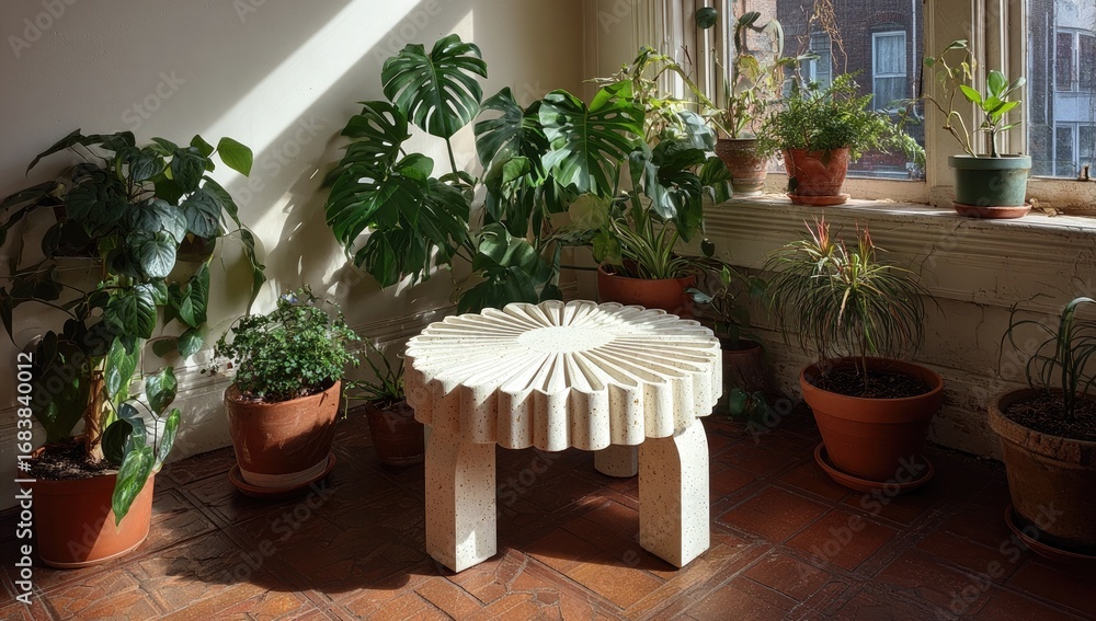 Fototapeta premium A sun-drenched room with a sculptural white coffee table surrounded by potted plants