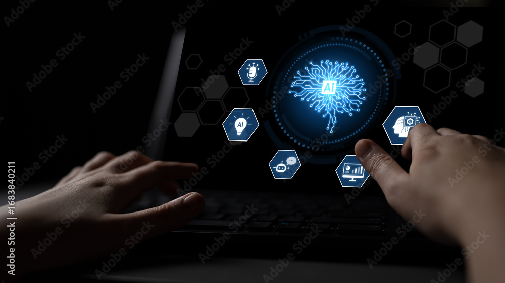 Naklejka premium AI integration into systems including speech, chatbot, analytics, automation, and digital intelligence for innovation and smart technology deployment Latch