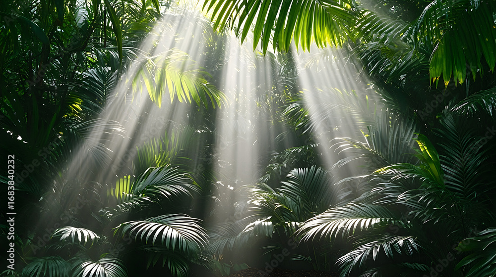Obraz premium Sunbeams pierce through lush palm fronds in a tropical rainfores