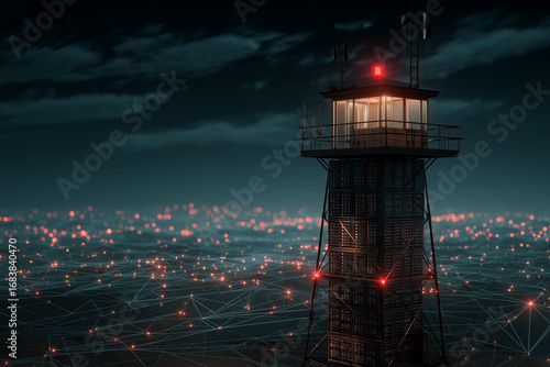 A watchtower made of server racks, overlooking a digital landscape, monitoring and vigilance, futuristic, low-poly style