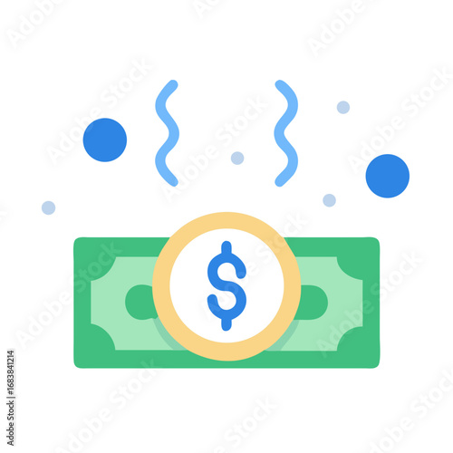 Stylized dollar bill graphic with confetti against dark backdrop