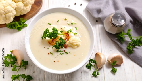 Creamy cauliflower soup in a bowl, garnished with herbs
