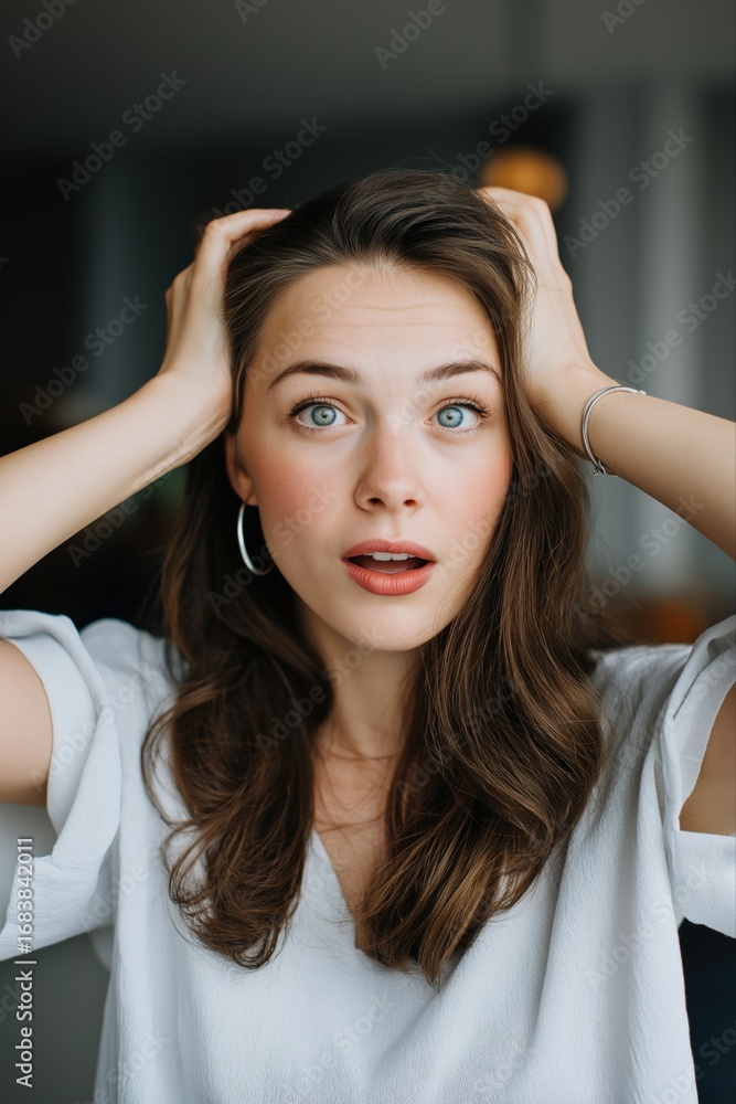 Fototapeta premium Surprised young caucasian female with long brown hair