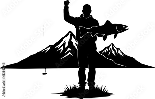 Mountain Lake Fishing Silhouette Design"