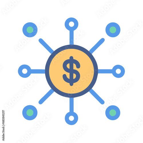 Money distribution network flat icon illustration, on black background