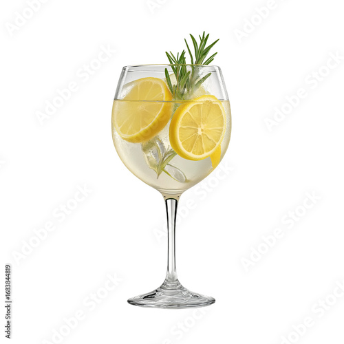  gin and tonic in a wine glass with lemon and rosemary, isolated on a white background, ultra-realistic photography. 