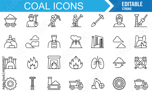 Mining and coal industry icon collection in outline style with shovel, fire, gear, and helmet symbols