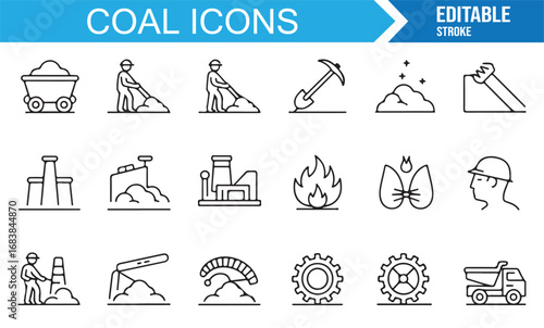 Editable vector coal icons including miner, dump truck, machinery, geology, and energy resources