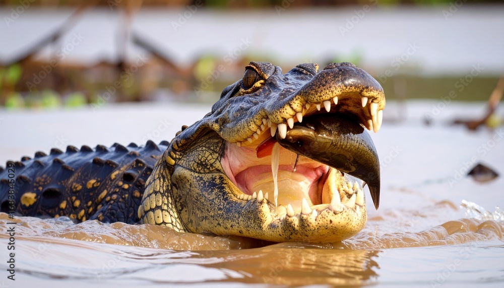 Obraz premium A caiman captures a bird mid-hunt in muddy water, showcasing raw predator-prey interaction and the intensity of survival in the wild.